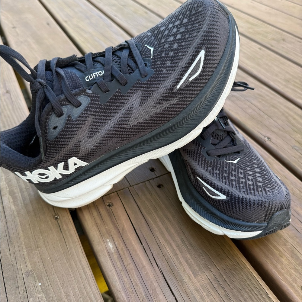 Hoka Clifton 9 Black and White Athletic Shoes